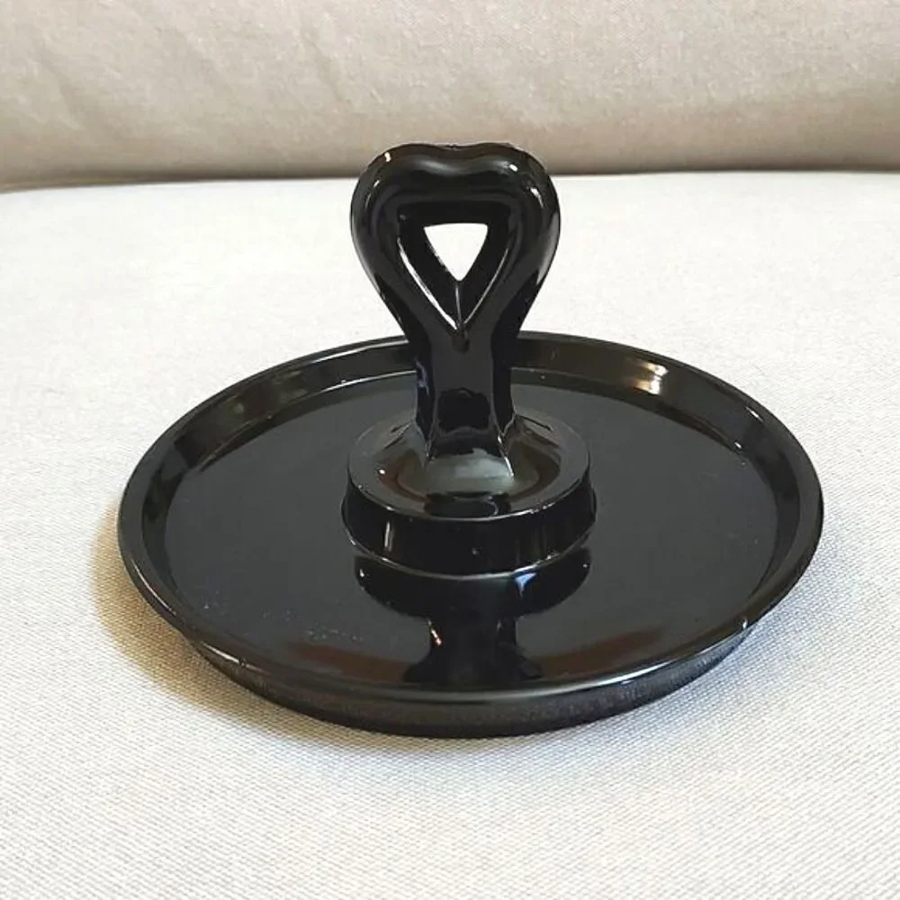 LE Smith Black Glass Tidbit Serving Tray  Trinket Dish Heart Shaped Handle Vtg